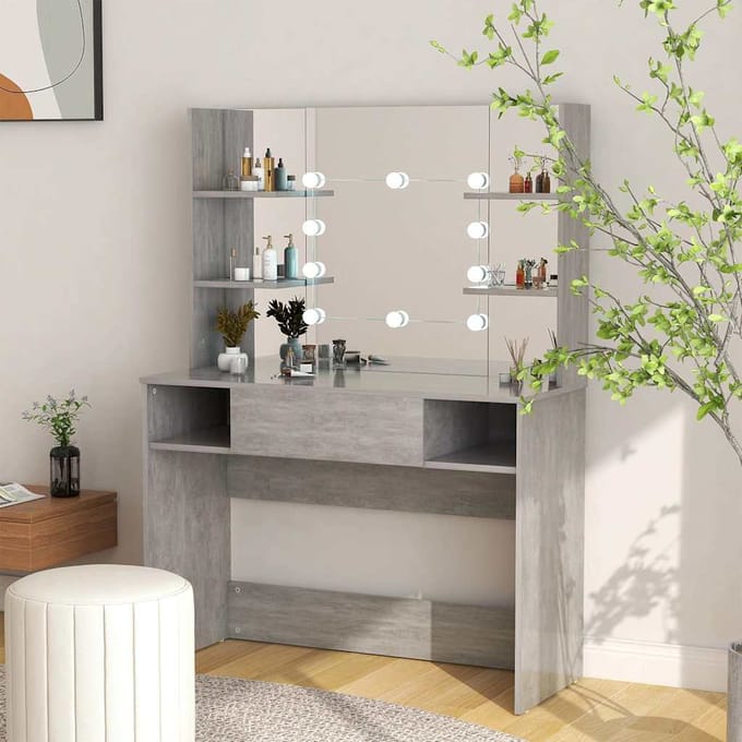 vidaXL - Kaptafel - met - LED-verlichting - 100x40x135 - cm - MDF - betongrijs
