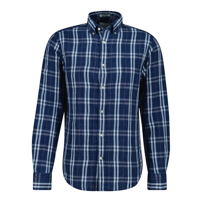 Linnen overhemd donkerblauw wit geruit Gant Regular Fit