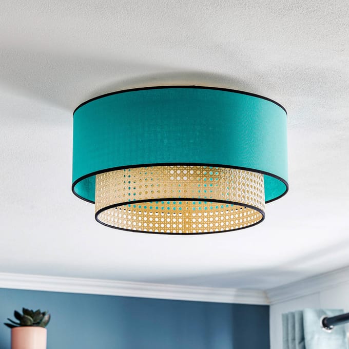 Duolla Boho-plafondlamp, petrol/hout/zwart, Ø 45 cm, textiel/rotan