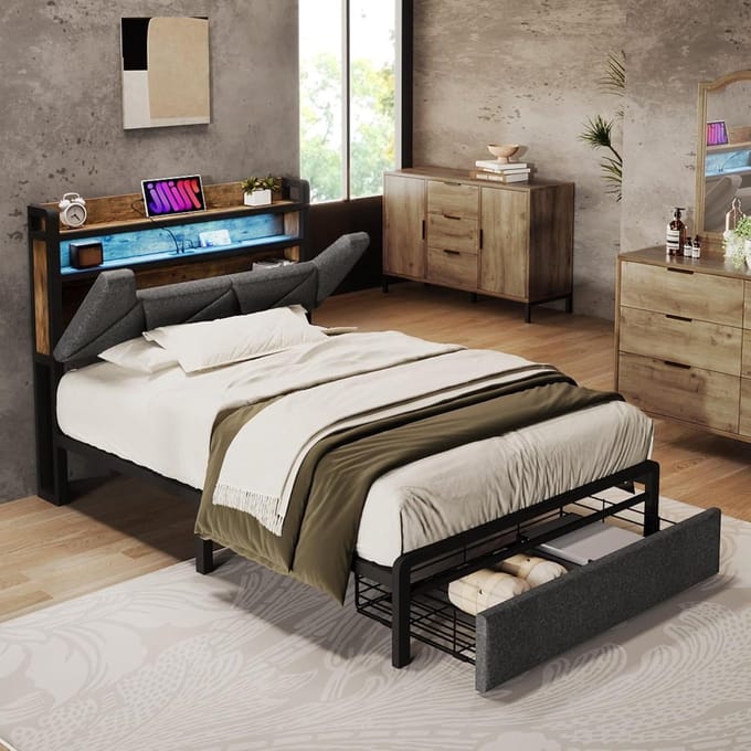 Gestoffeerd Bed - Opbergbed Frame - Ruimte Besparen - Geïntegreerd Laadstation - 90x200 cm - Grijs