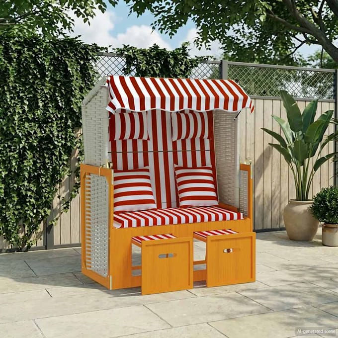 vidaXL - Strandstoel - met - kussens - poly - rattan - en - hout - rood - en - wit