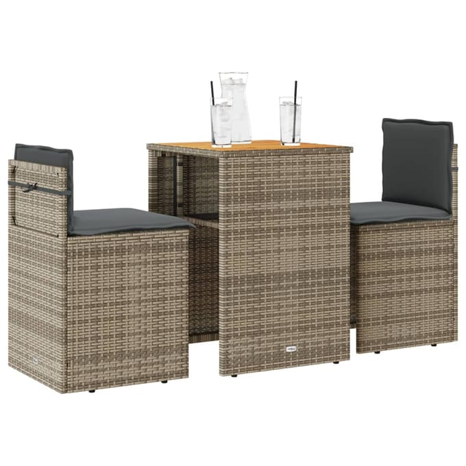 vidaXL - 3-delige - Bistroset - met - kussens - poly - rattan - grijs