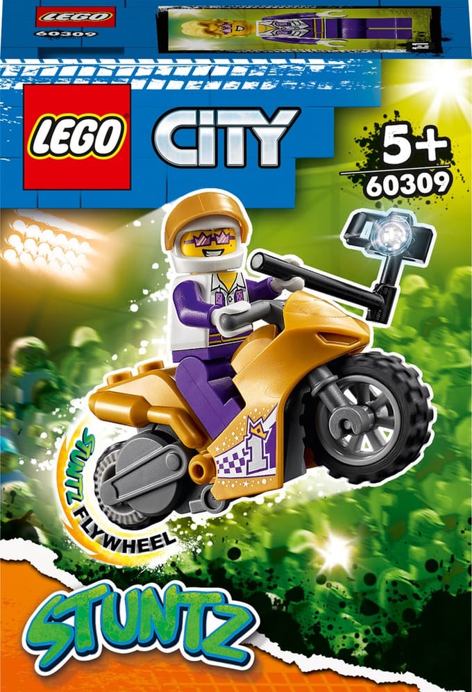 LEGO® City Selfie stuntmotor 60309 bouwset; een stuntmotor met vliegwielfunctie, een selfiestick en een minifiguur van het personage Spotlight uit de tv-serie LEGO City Adventures (14 onderdelen)