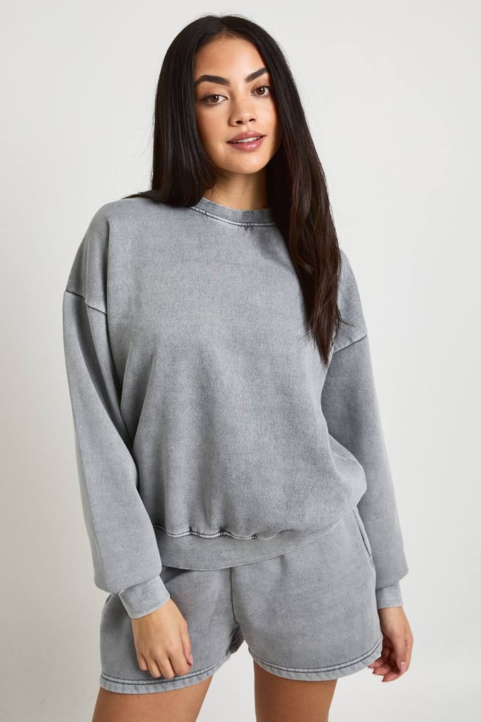boohoo Dames Gewassen Crew Neck Sweatshirt Korte Joggingpak | Lichtgrijs | Maat: Small