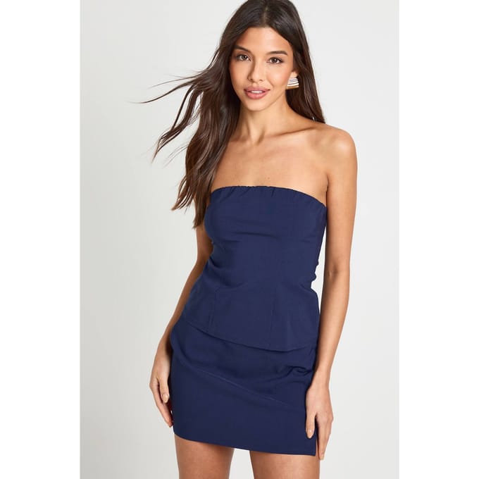 boohoo Dames Bengaline Bandeau Longline Top en Rok Set | Navy | Maat: 10