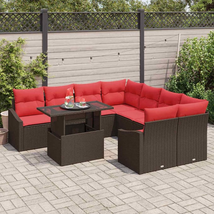 vidaXL - Tuinbank - Set - 9 - st - Bruin - en - Rood - poly - rattan
