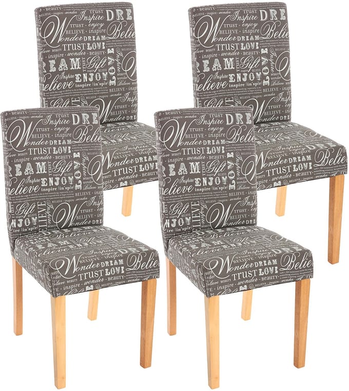 Set van 4 eetkamerstoelen Keukenstoel Littau ~ textiel met belettering, grijs, lichte poten