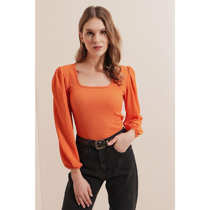Geperforeerde Vierkante Kraag Blouse met Lange Mouwen