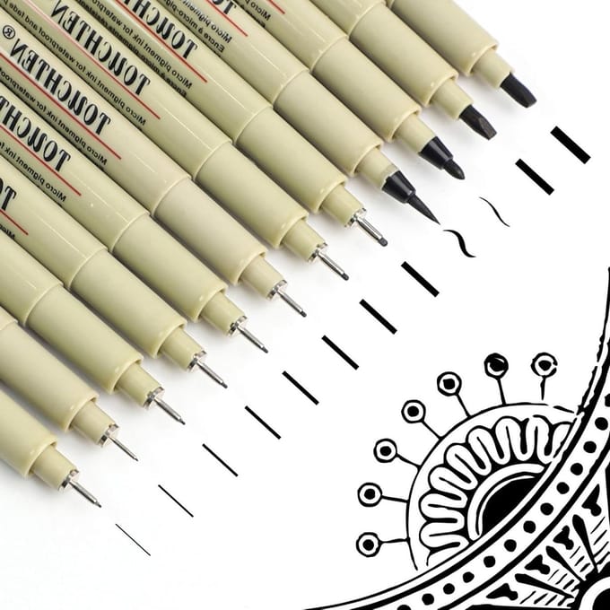 Set van 12 Waterdichte Fineliner Pennen voor Technisch Tekenen, 0.15-3mm, Ideaal voor Illustraties, Schetsen en Comic Strips