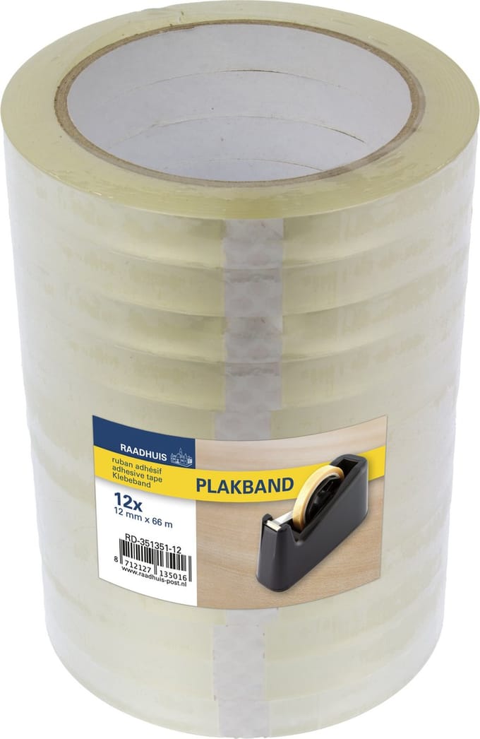 Raadhuis plakband - 12mm x 66m - PP - transparant - krimp a 12 rol