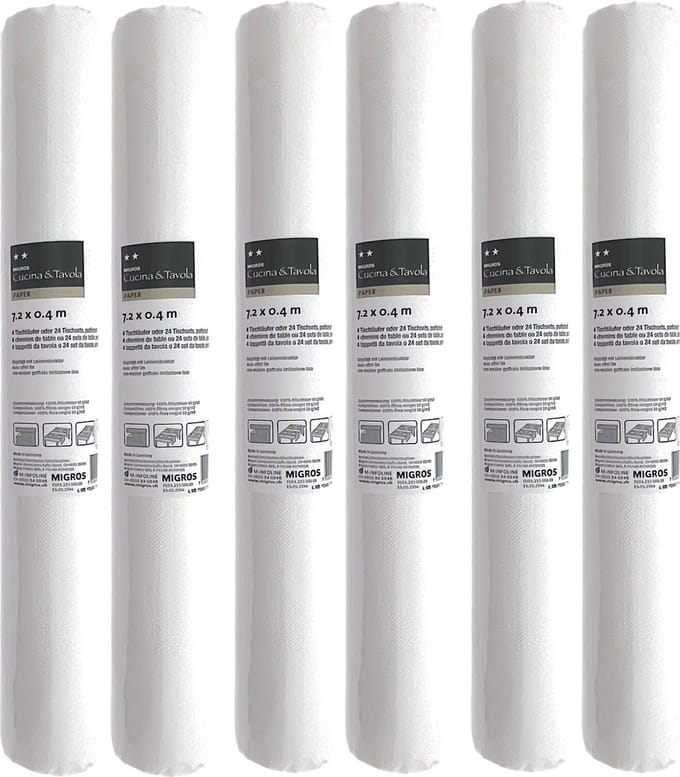 3-IN-1 ROL Tafelloper en Placemats - Papier - Effen - 40 x 720 cm - Wit - 6 Stuks
