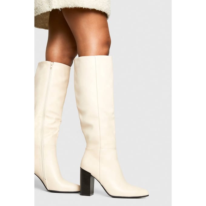 boohoo Dames Column Kniehoge Stacked Hiel Laarzen | Ecru | Maat: 8