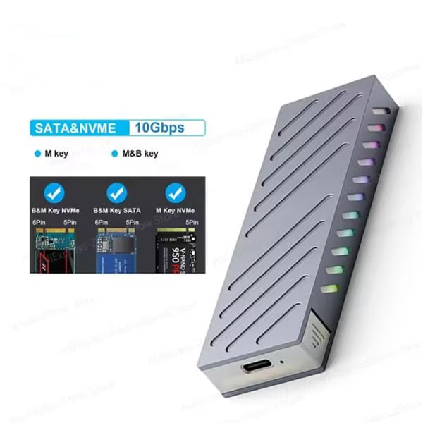 Boîtier SSD M.2 10 Gbps Adaptateur Double Protocole M.2 SATA/NVMe pour SSD Boîtier Externe SSD vers USB 3.1 pour NVME PCIE NGFF SATA Boîte RGB NGFF NVME Protocol