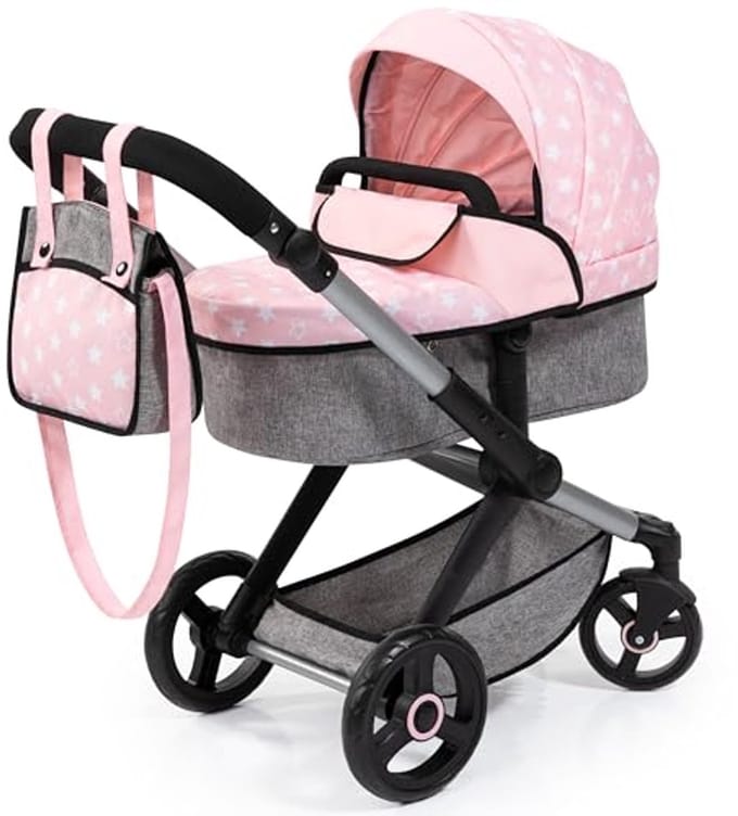 Bayer Chic 2000 poppenwagen Xeo roze grijs verstelbare duwbeugel.