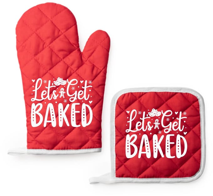 EIZOOK Kerst Kookset – Rode Ovenwant en Pannenlap met Speelse Tekst Print - LETS GET BAKED