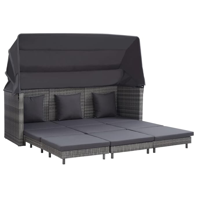 vidaXL - Slaapbank - met - luifel - 3-zits - verlengbaar - poly - rattan - grijs