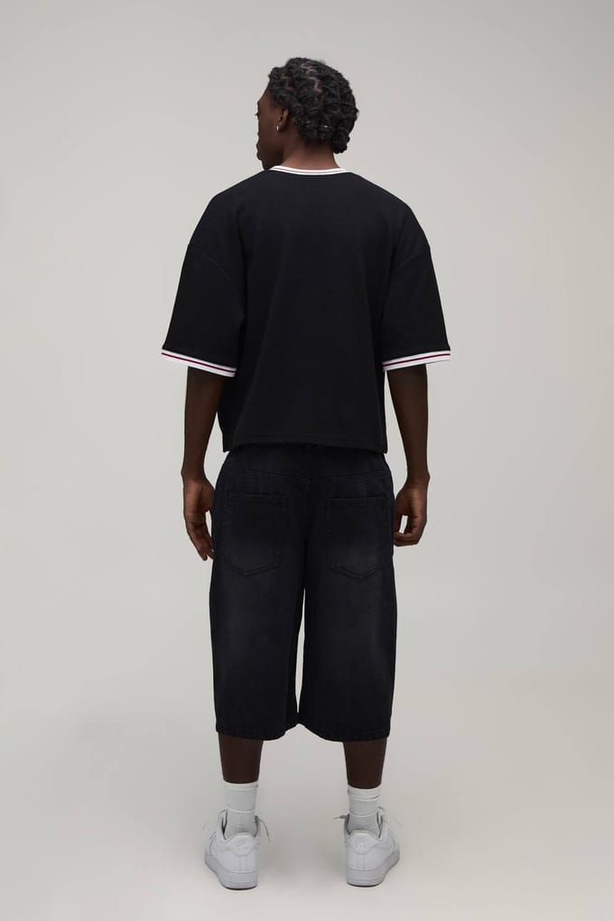 Longline Denim Jorts Met Geborduurd Bloemmotief Op De Zoom | Washed Black | Size 42