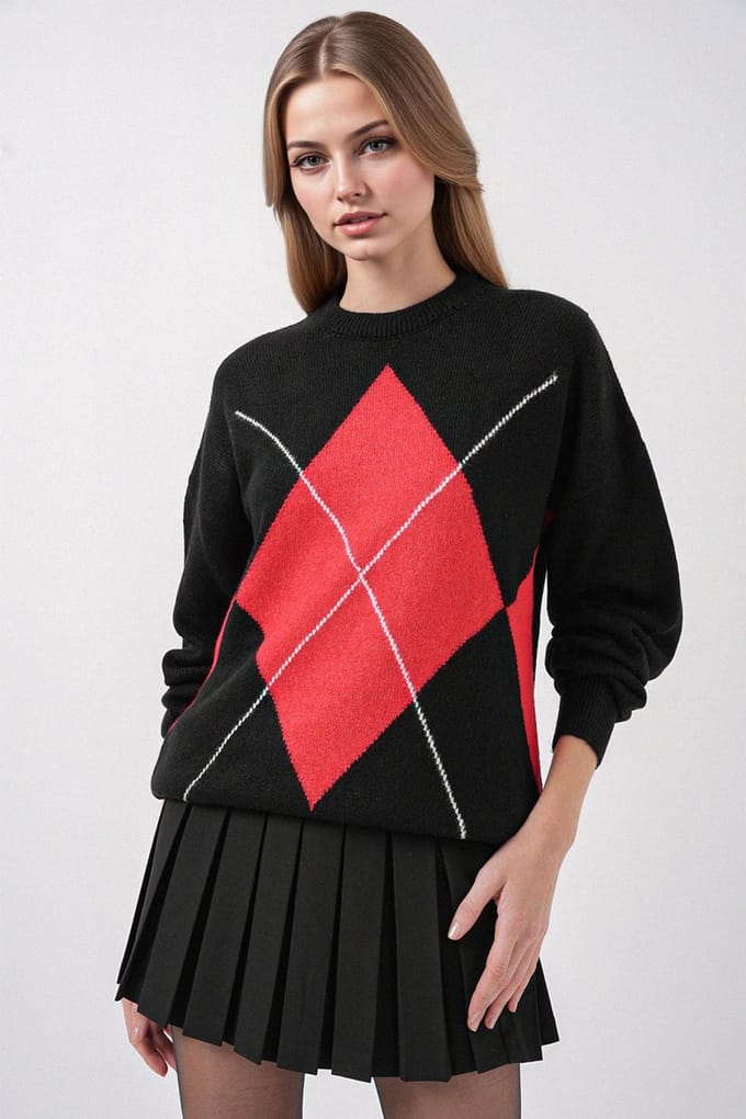 Oversized Ruiten Trui met Ronde Hals