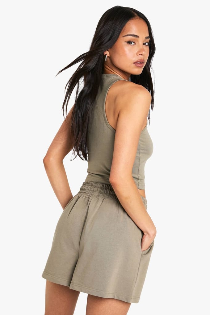boohoo Dames Racer Top en Sweatshort Set | Gewassen Kaki | Maat: Large
