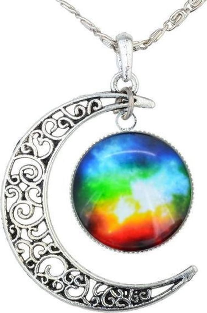 Fako Bijoux® - Ketting - Cabochon - Maan - Blauw/Groen/Rood
