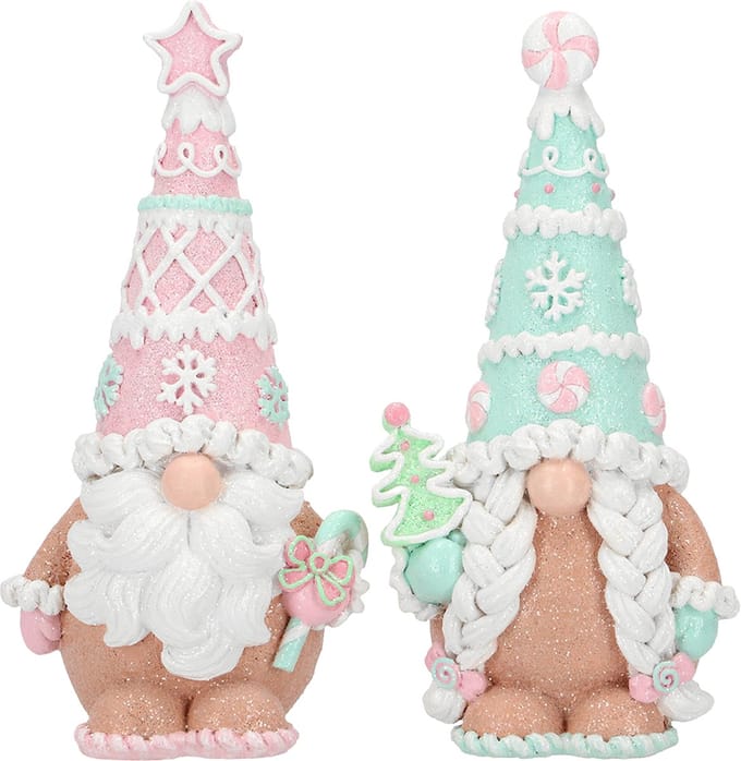 Viv! Christmas Kerstbeeld - Gingerbread Gnooms met Snoepgoed - set van 2 - pastel - roze blauw - 20cm