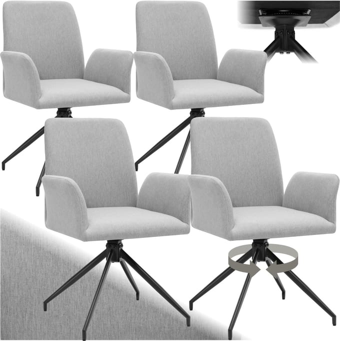 tectake® Draaistoel Daya - Set van 4 Draaifauteuils met Armleuning - 360° Draaibare Eetkamerstoel - Draaibare Fauteuils - Gestoffeerd - Draagkracht 150kg - Lightgrijs