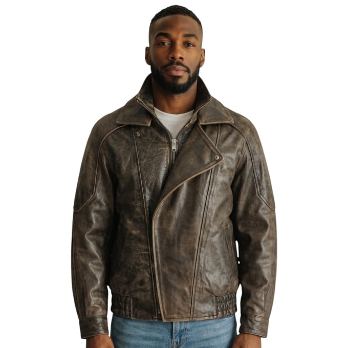 Heren Bruine Cow Leather Biker Blouson Jas - Bomber