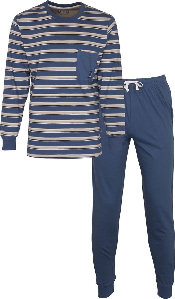 MEQ Heren Pyjama - Gestreept Dessin - 100% Katoen - Blauw - Maat L
