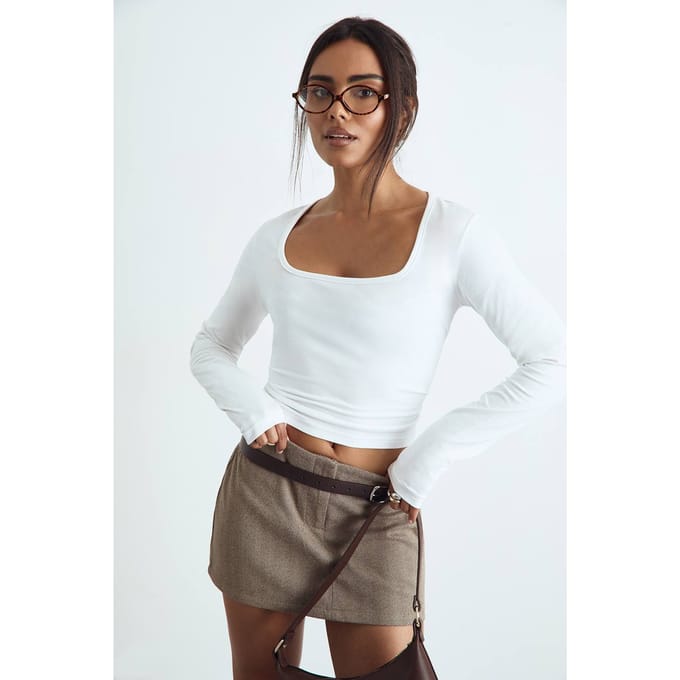 boohoo Dames Top met vierkante hals en lange mouwen | Wit | Maat: 44