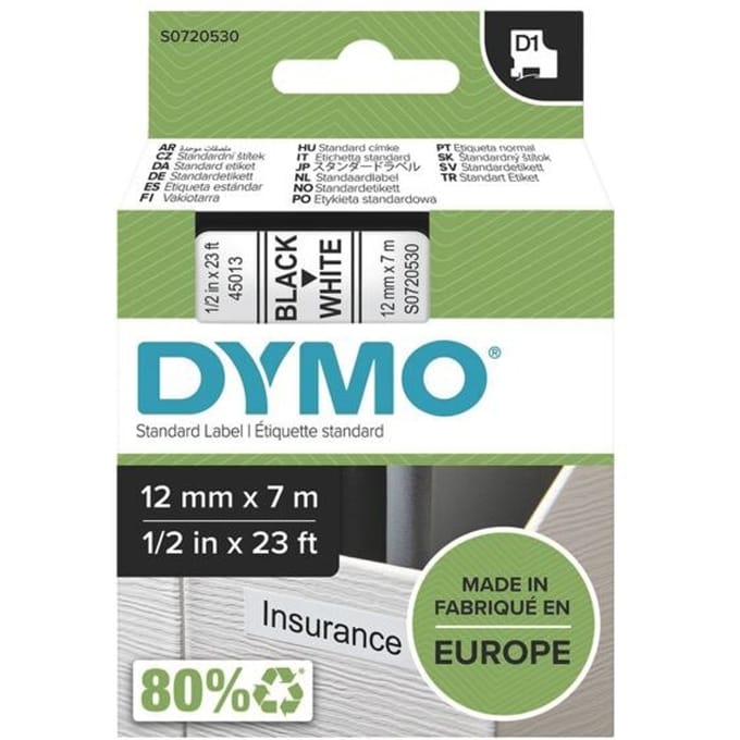 DYMO originele D1 labels | Zwarte Tekst op Wit Label | 12 mm x 7 m | Zelfklevende etiketten voor de LabelManager labelprinter | gemaakt in Europa