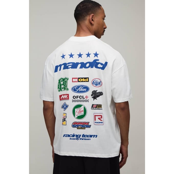 Oversized Heren Sport Moto Badge Print T-shirt | White | Size Small