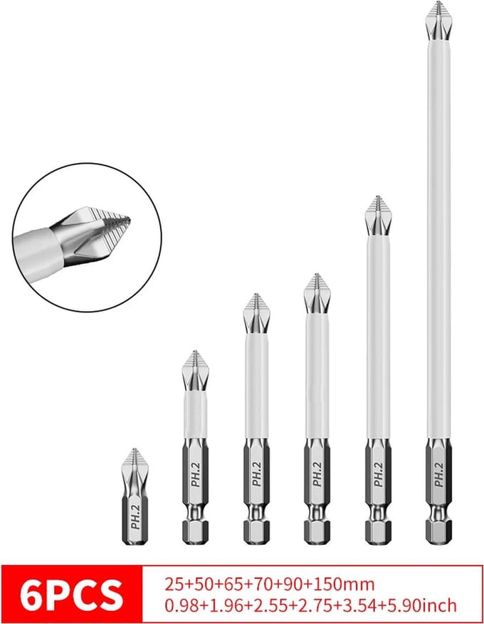 DW4Trading Magnetische Antislip Schroefbits PH2 Set van 6 Stuks - Hex Schacht - 25 t/m 150 mm