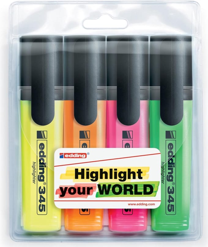 Edding markeerstift 345, etui van 4 stuks in geassorteerde kleuren 40 stuks