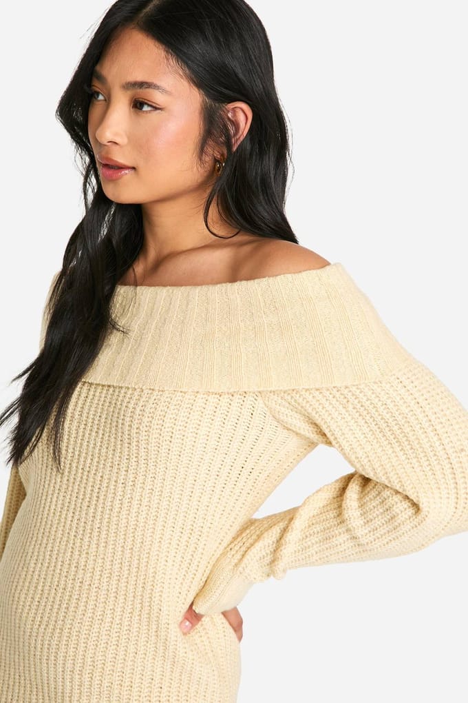 boohoo Dames Petite Wide Rib Bardot Halslijn Mini Jumper Jurk | Steen | Maat: Medium
