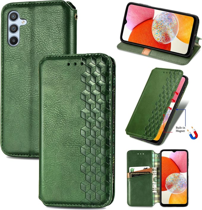 Luxe PU Lederen Ruitpatroon Wallet Case + PMMA Screenprotector voor Galaxy A14 4G/5G _ Groen