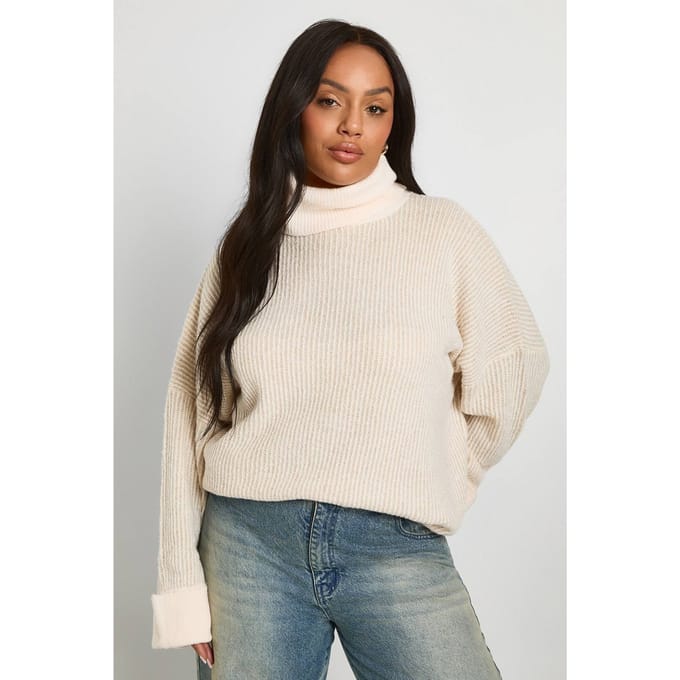 boohoo Dames Plus Roll Neck Longline Batwing Trui | Cream | Maat: 16-18