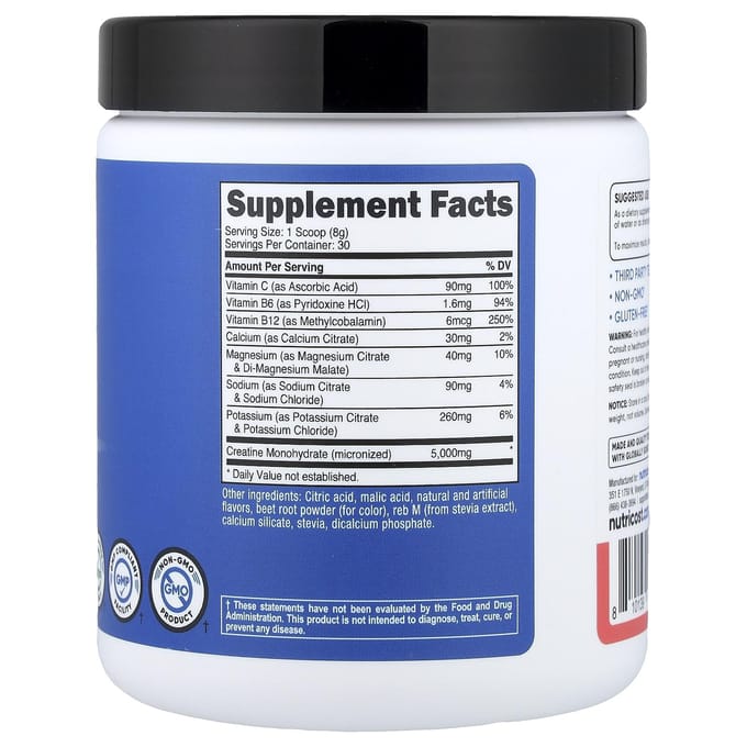 Nutricost, Atletische Prestaties, Creatine + Hydratatie, Watermeloen, 9 oz (252 gr)