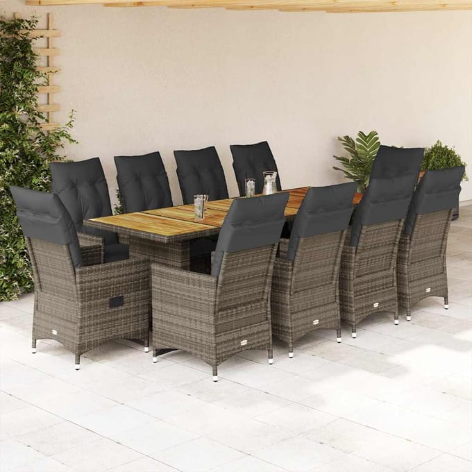 vidaXL - 11-delige - Bistroset - met - kussens - poly - rattan - grijs