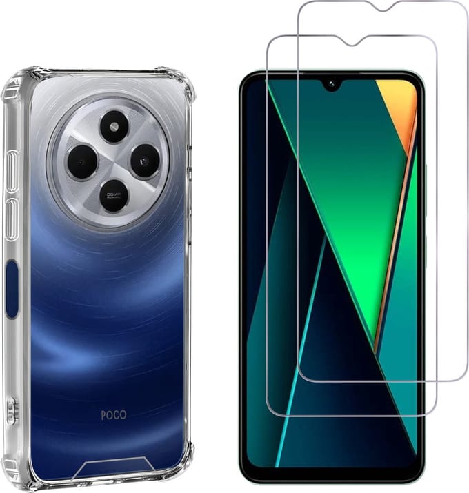 Hoesje voor Xiaomi Poco C75 backcover Shockproof siliconen Transparant en 2 stuks Screenprotector Gehard Glas
