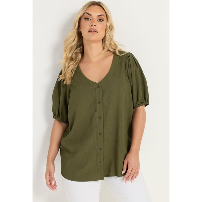 Yours Kakigroene Getextureerde Blouse Met Knoopdetail Size 42