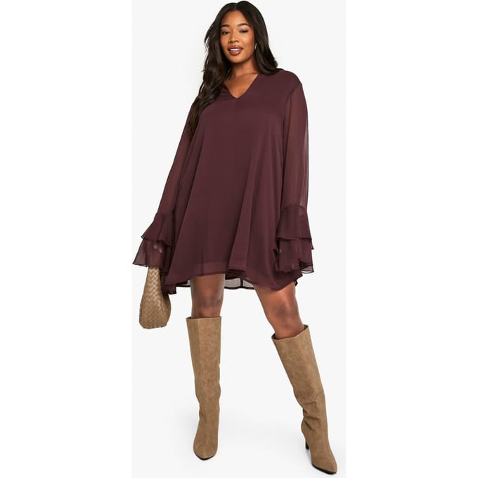 boohoo Dames Plus chiffon smock jurk met strik-hals | Plum | Maat: 18