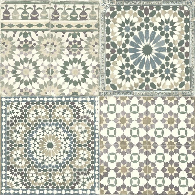 Botanical tegels groen/blw/paars behang (vliesbehang, blauw)