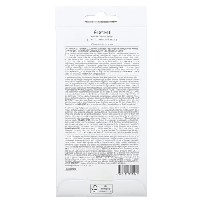 Edgeu, enveloppe d'ongle en gel parfait, ENA144, rose beige miroir, ensemble de 19 pièces white