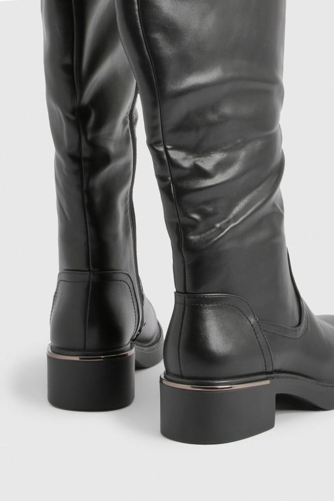 boohoo Dames Chunky kniehoge platte laarzen | Black | Maat: 4