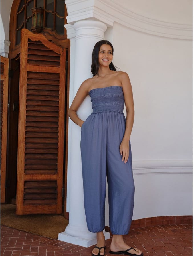 Next - Dames - Aangerimpelde jumpsuit met wijde, ronde pijpen - Tall - Blauw