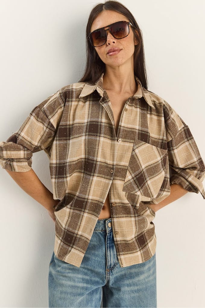 Oversized Langsleeve Geruite Shirt met Zak