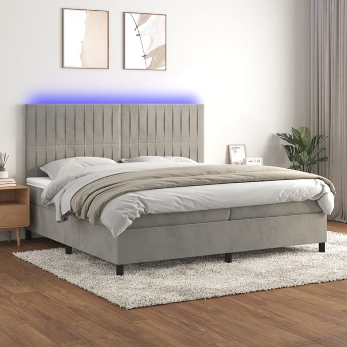 vidaXL - Boxspring - met - matras - en - LED - fluweel - lichtgrijs - 200x200 - cm