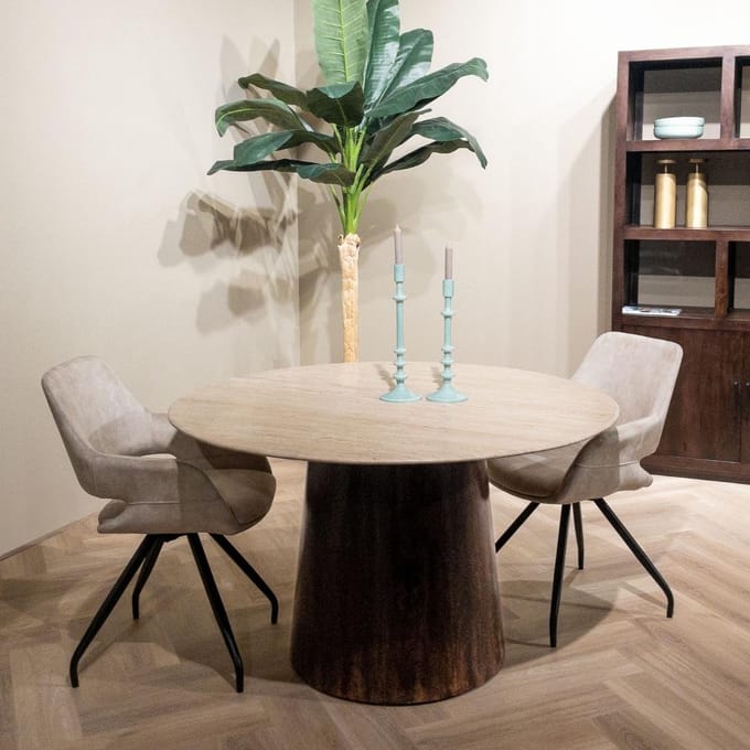 Livingfurn - Eetkamertafel Valentino Round 130cm - Mangohout / Travertin
