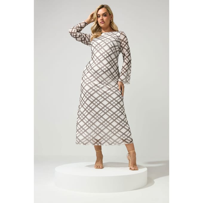 Yours London Ivoorwit En Bruin Geruite Meshjurk Size 48