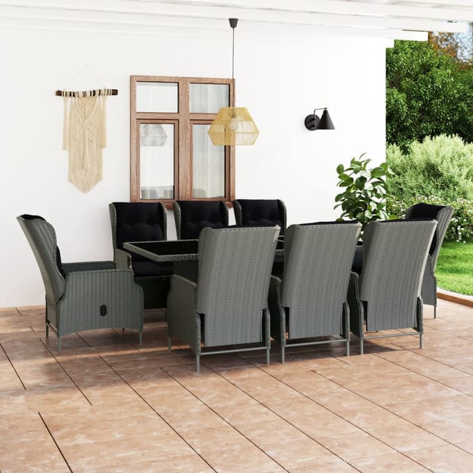 vidaXL - 9-delige - Tuinset - met - kussens - poly - rattan - lichtgrijs
